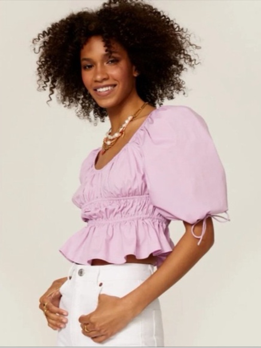 STAUD Lilac Smocked Puff-Sleeve Peplum Top